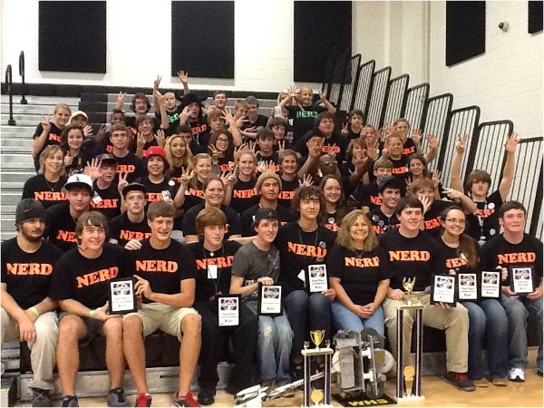 Students of Wetumpka High School's Robotics Program celebrate their first place victory in the South's BEST Robotics Competition. The chapter sponsors the school and previously sent its teachers to a robotics program at Carnegie Mellon University.